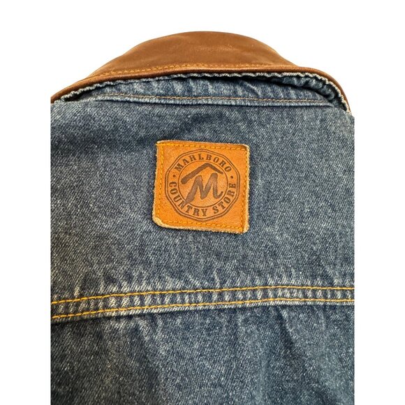Vintage Marlboro Country Store Mens Small Denim Jacket Leather Collar Blue Plaid - Picture 5 of 5
